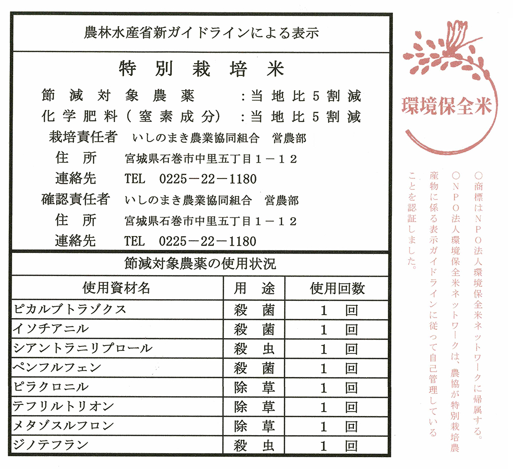 ＪＡいしのまき令和3・4・5年産 環境保全米ガイドライン